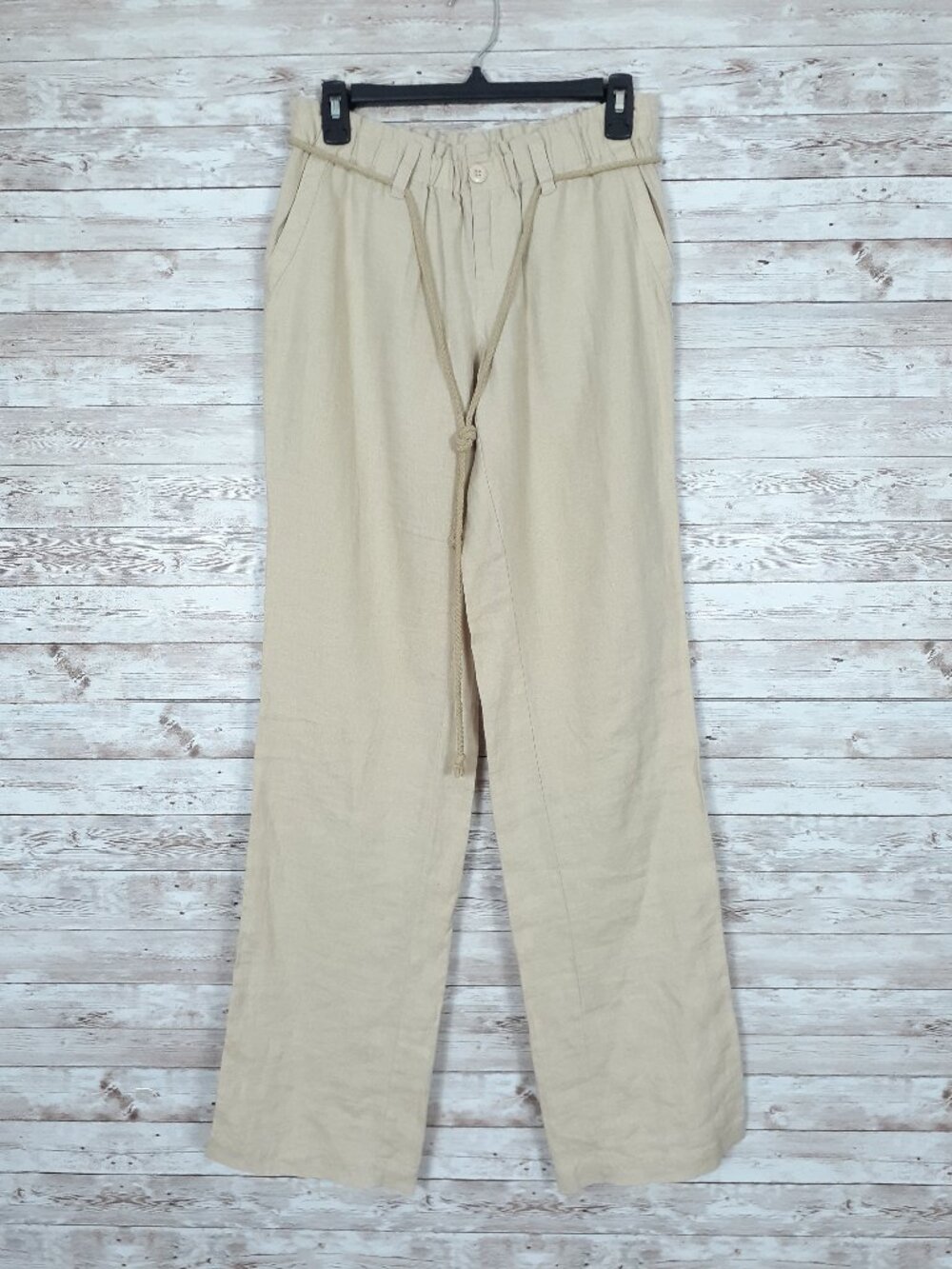 London Jean Womens 100% Linen Pants Size 6 Beige Elastic Waist Pockets 953A
